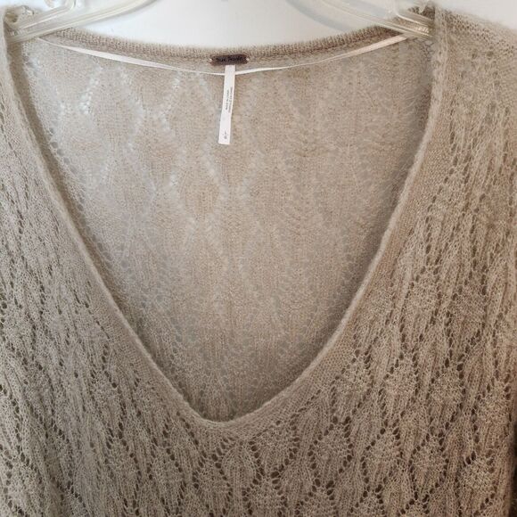 Free People Tunic Sweater Size Large Womens Say Hello Open Knit Oversized Beige - Picture 4 of 12